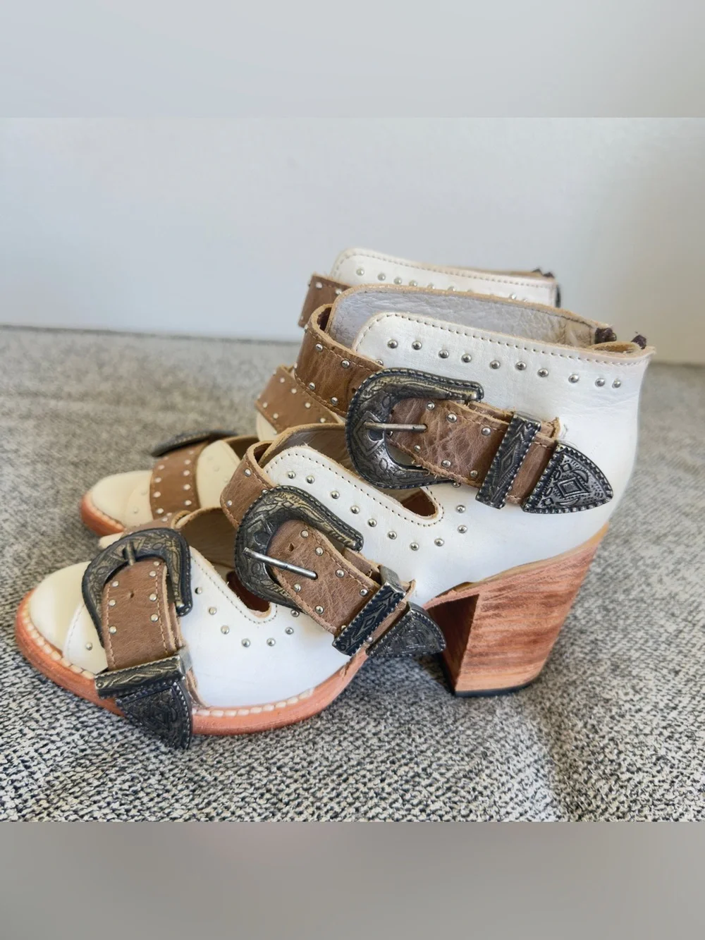 Freebird by Steven White and Tan Buckle Block Heel Sandals